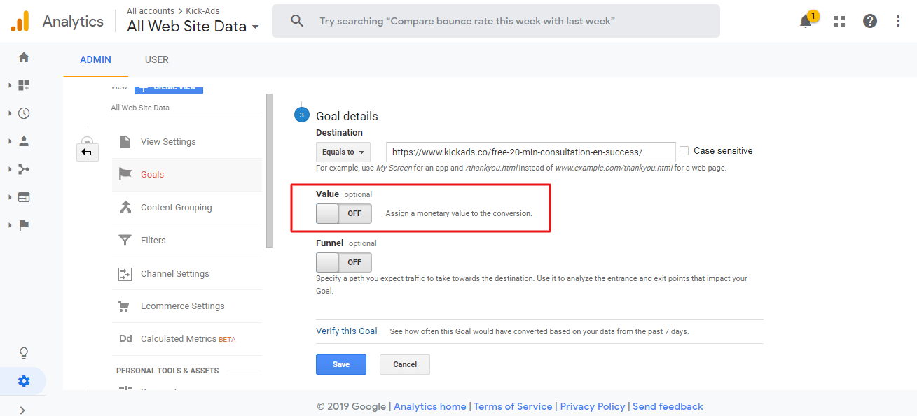 Goal value setup in google analytics